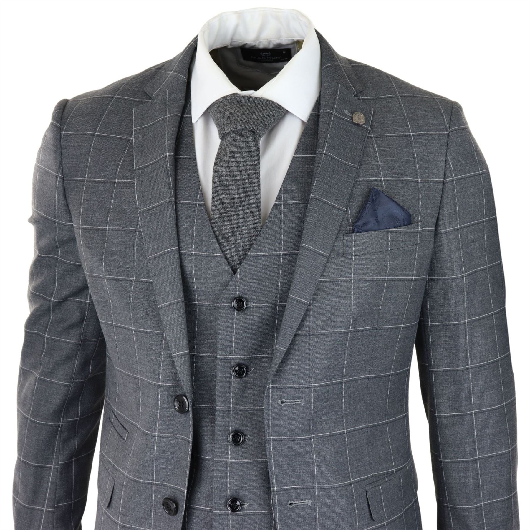 Mens Grey Check 3 Piece Suit Vintage Retro Smart Wedding Classic Tailored Fit Light