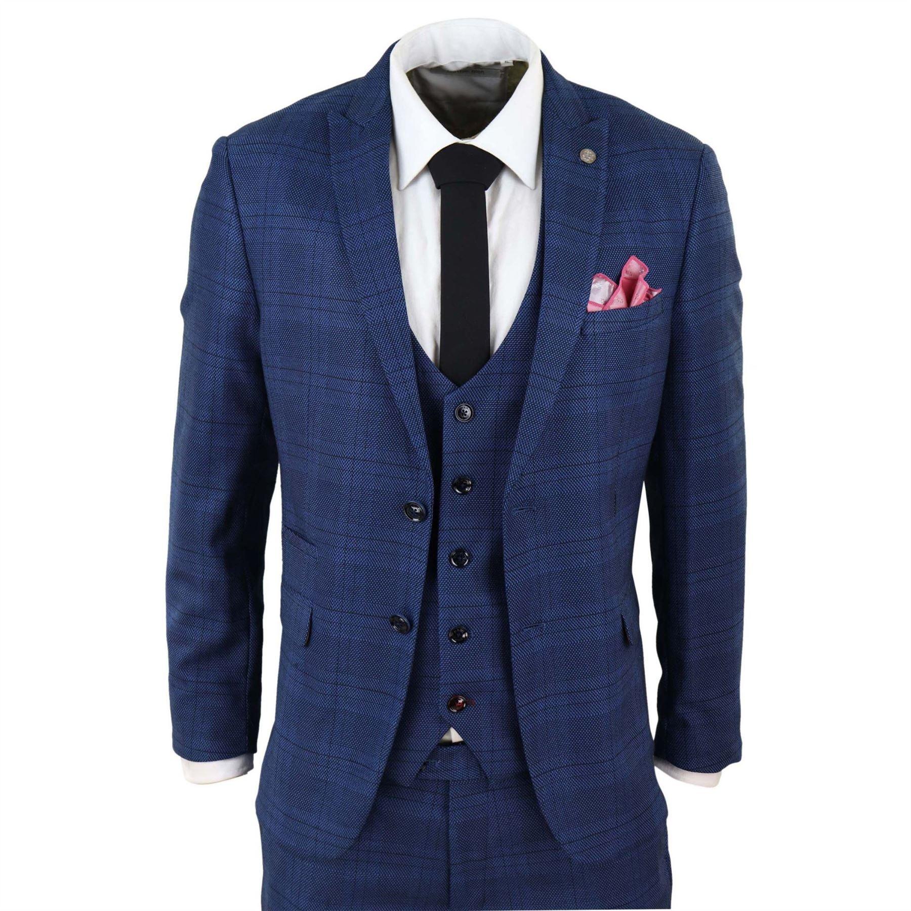 Mens Marc Darcy 3 Piece Suit Blue Prince Of Wales Black Check Vintage Retro - Knighthood Store