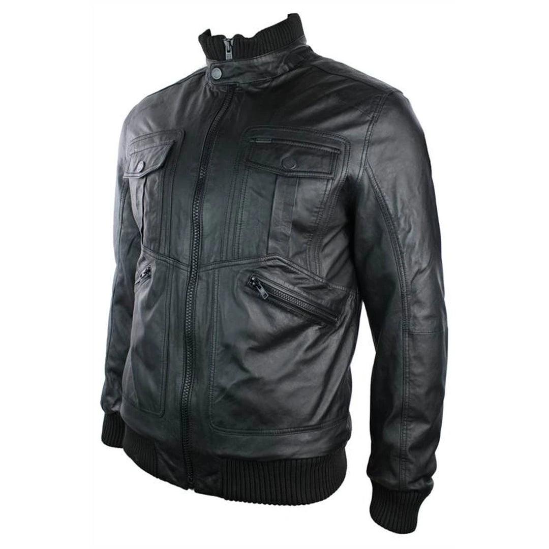 Mens Urban Retro Leather Bomber Jacket High Collar Zipped Pockets Black Vintage - Knighthood Store