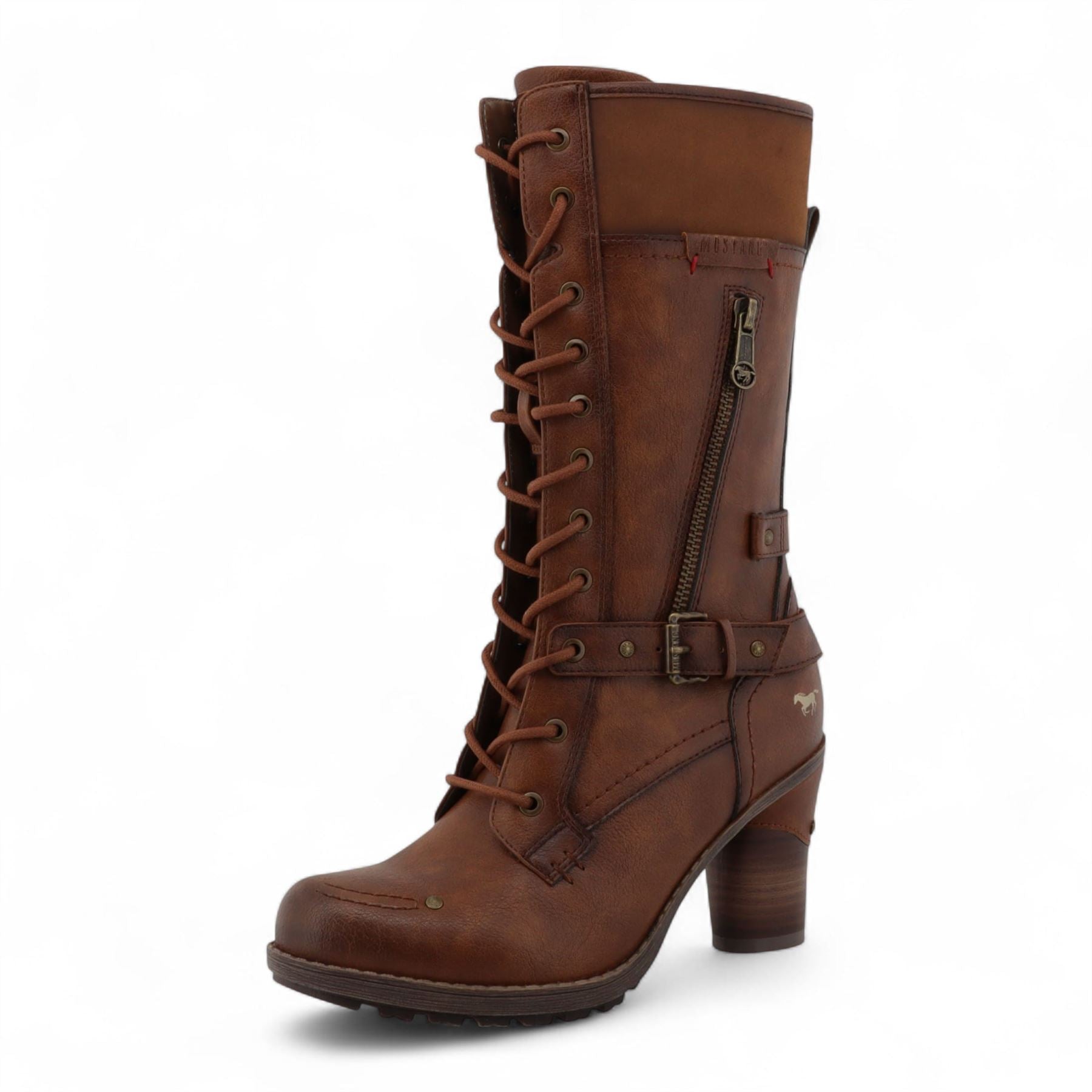 Women's Brown Mid-Calf Lace Up Heeled Combat Boots