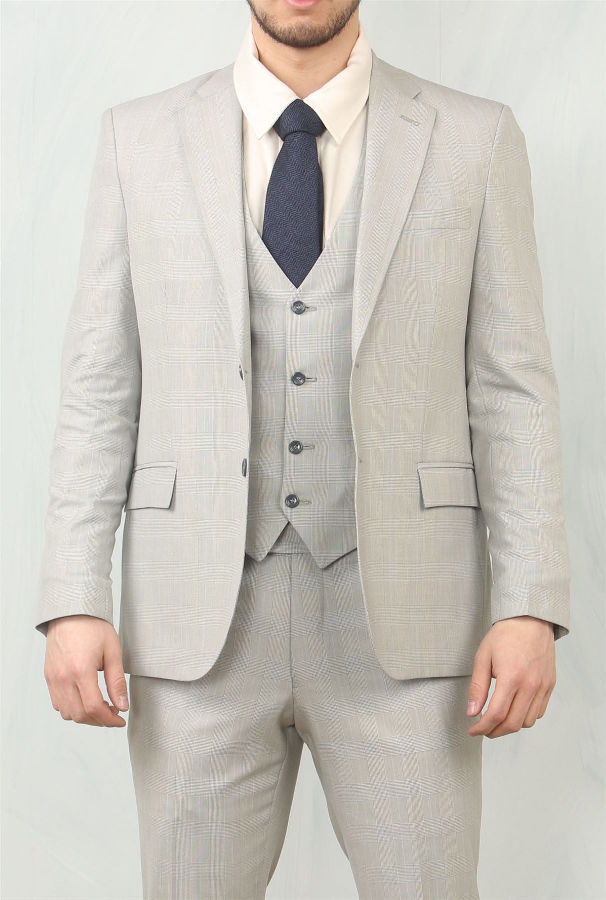 IM31 - Men's Grey 3 Piece Prince Of Wales Check Suit