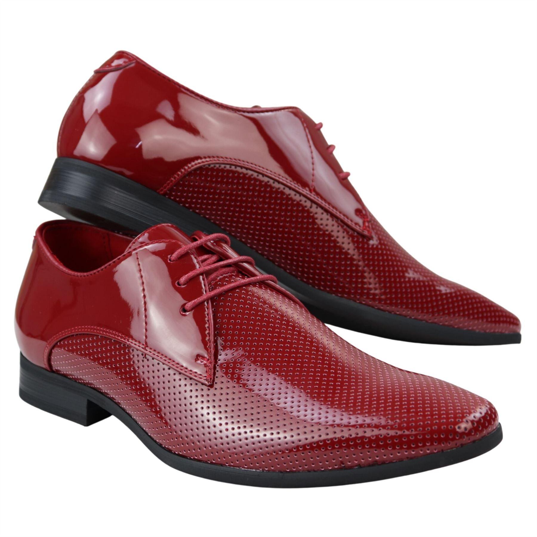 Mens Shoes Smart Formal Perforated Pointed Laced Black Red White Patent Leather PU - Knighthood Store