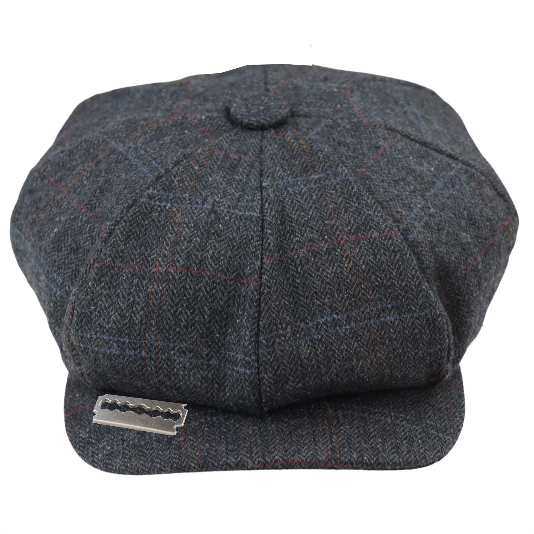 Mens 8 Panel Razor Baker Boy Hat Wool Tweed Blinders Newsboy Flat Cap Blue Check Charcoal - Knighthood Store