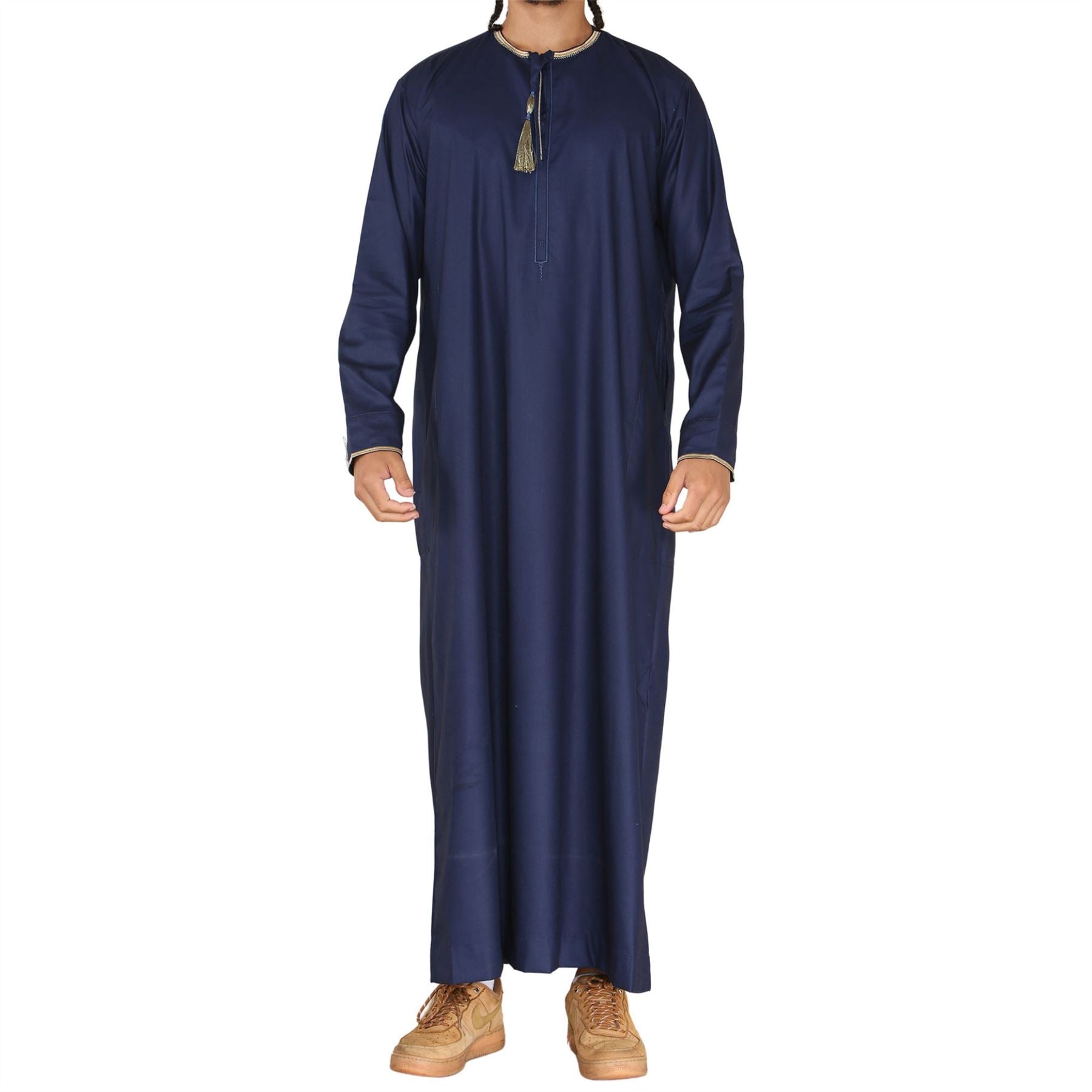 Mens Emirati Omani Thobe Jubba Islamic Clothing Muslim Kaftan Eid Robe Arab String Tassel