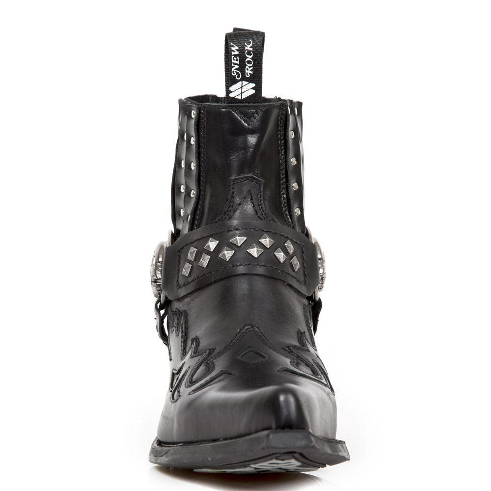 New Rock M.7950-S1 Black Ankle Boots Western Goth Strap Skull Stud Metal - Knighthood Store