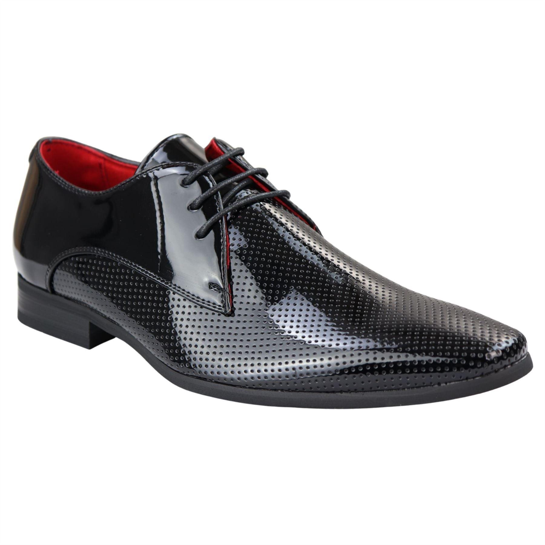 Mens Shoes Smart Formal Perforated Pointed Laced Black Red White Patent Leather PU - Knighthood Store