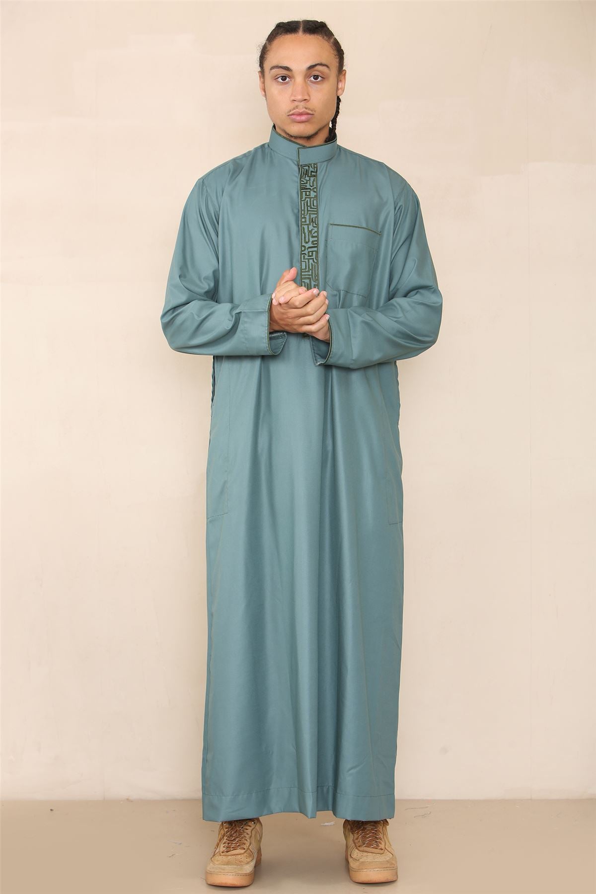 Mens Thobe Jubba Nehru Stand Collar Islamic Clothing Muslim Cotton Kaftan Embroidery Eid Robe Saudi