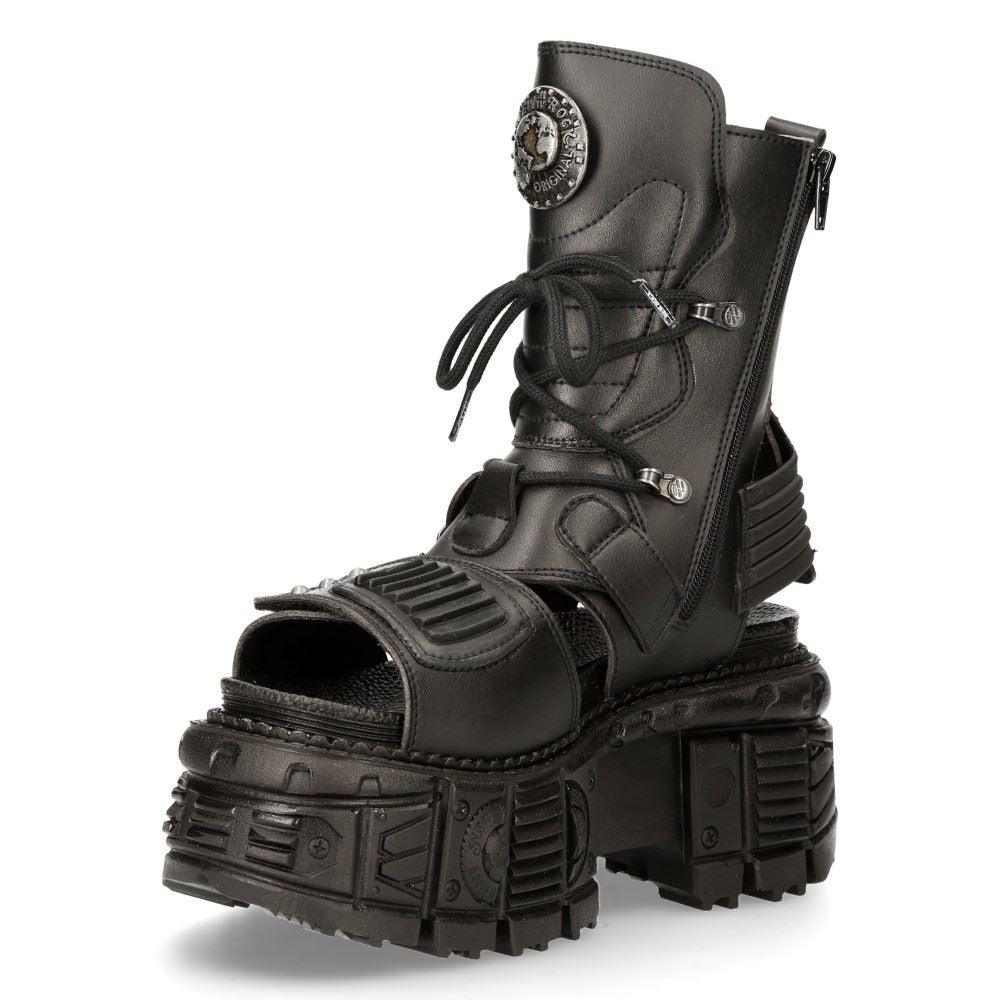 New Rock Boots BIOS107-V1 Black Vegan Leather Unisex Platform Sandal Biker Goth - Knighthood Store