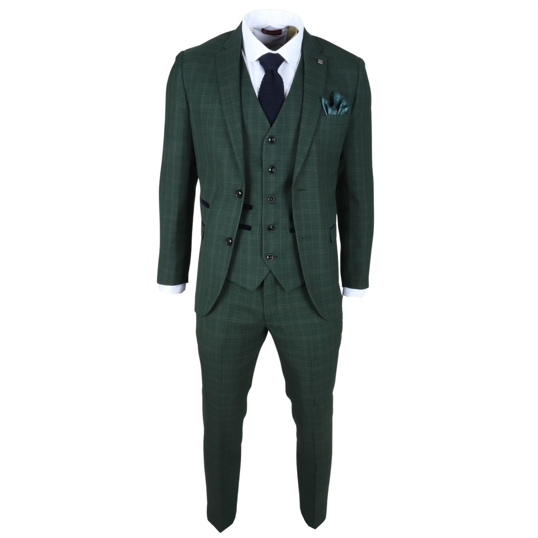 Men's Suit Green 3 Piece Checked Tailored Fit Formal Dress