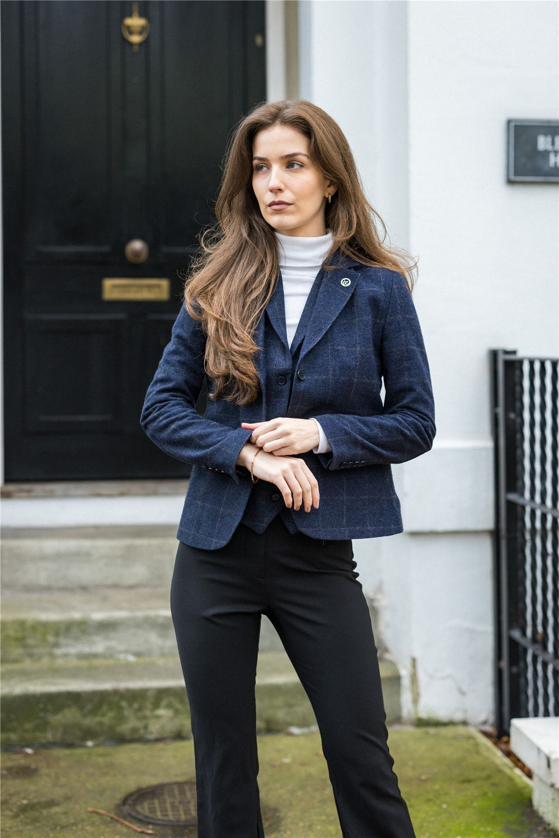 Women's Navy Blue Wool Blend Tweed Checkered Blazer Waistcoat