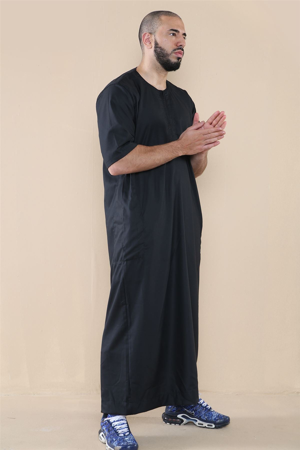 Mens Thobe Jubba Islamic Clothing Kaftan Half Sleeve Robe Moroccan Arab Zipped
