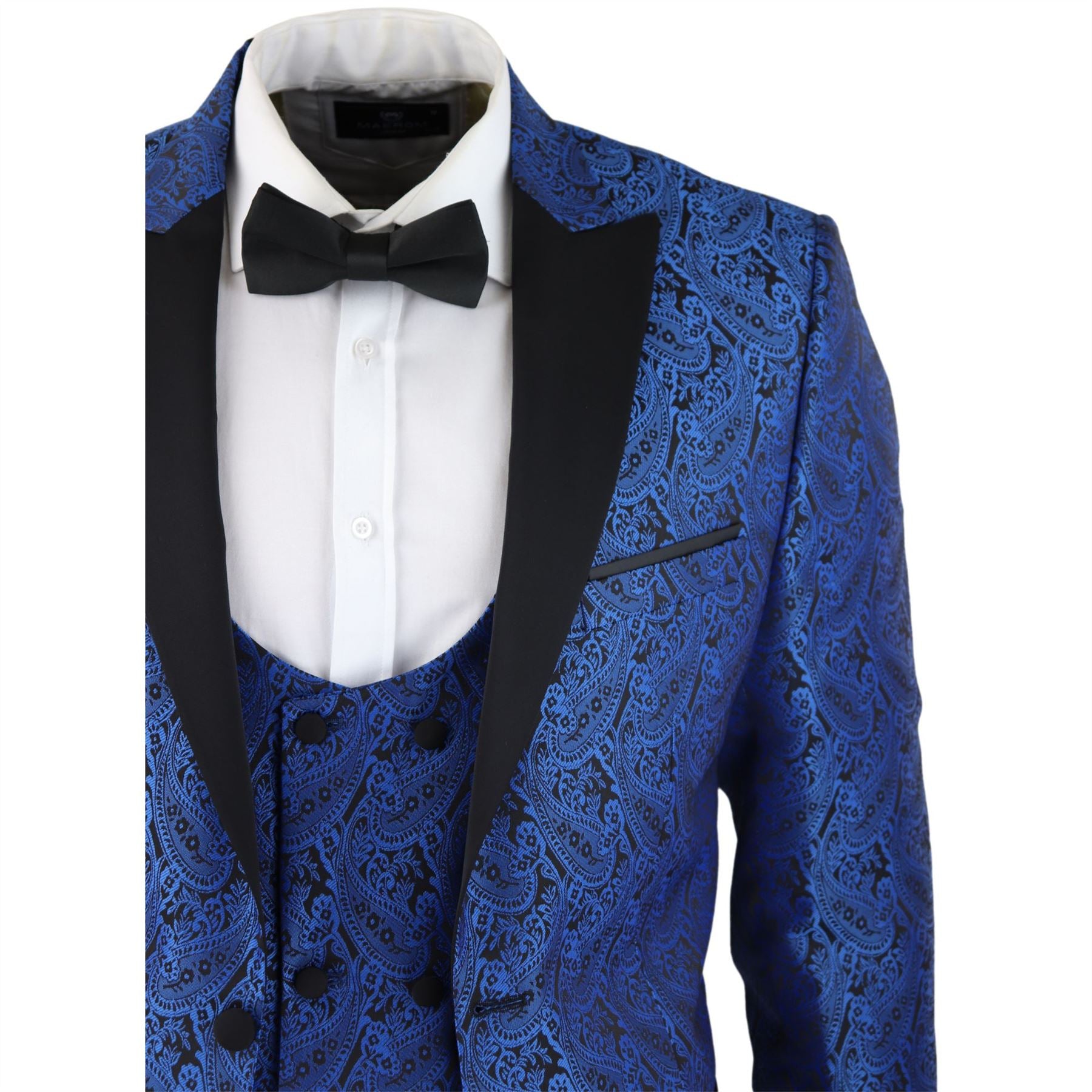 Mens Paisley Tuxedo Blazer And Waistcoat Brocade Dinner Jacket Satin Black Blue