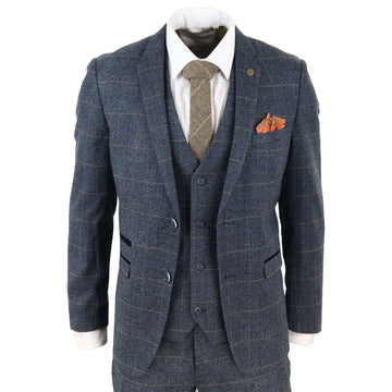Mens Blue Check 3 Piece Suit Herringbone Tweed Vintage Tailored Fit Grey Velvet - Knighthood Store