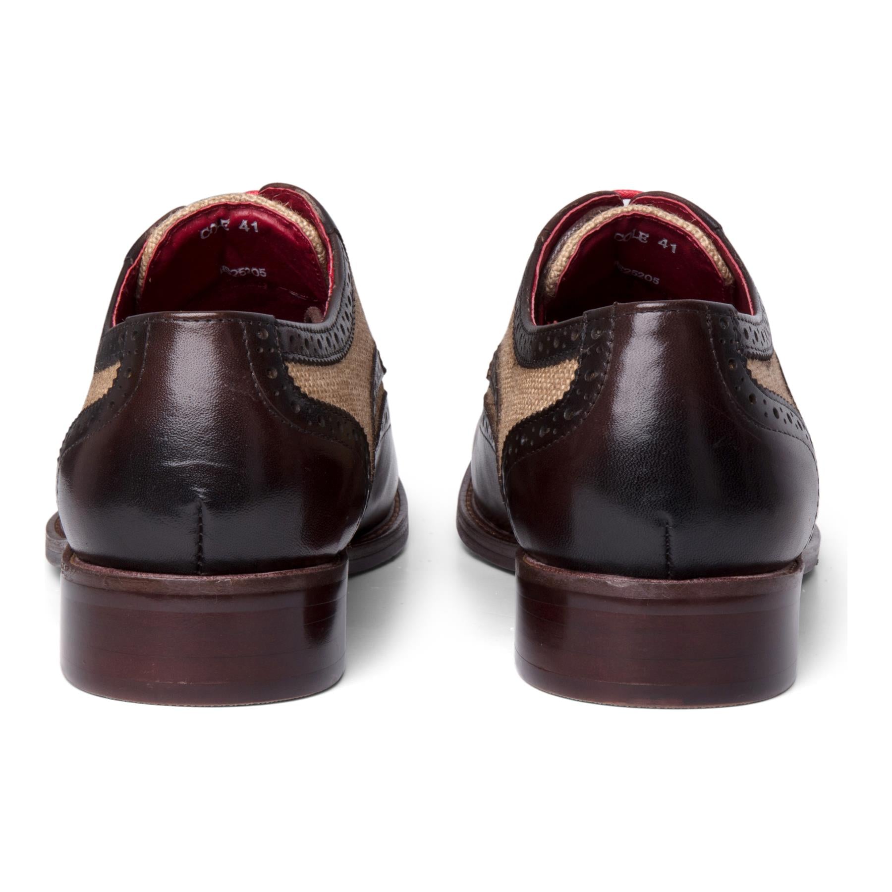 Cole - Men's Brown Leather Canvas Detailing Brogue Shoes