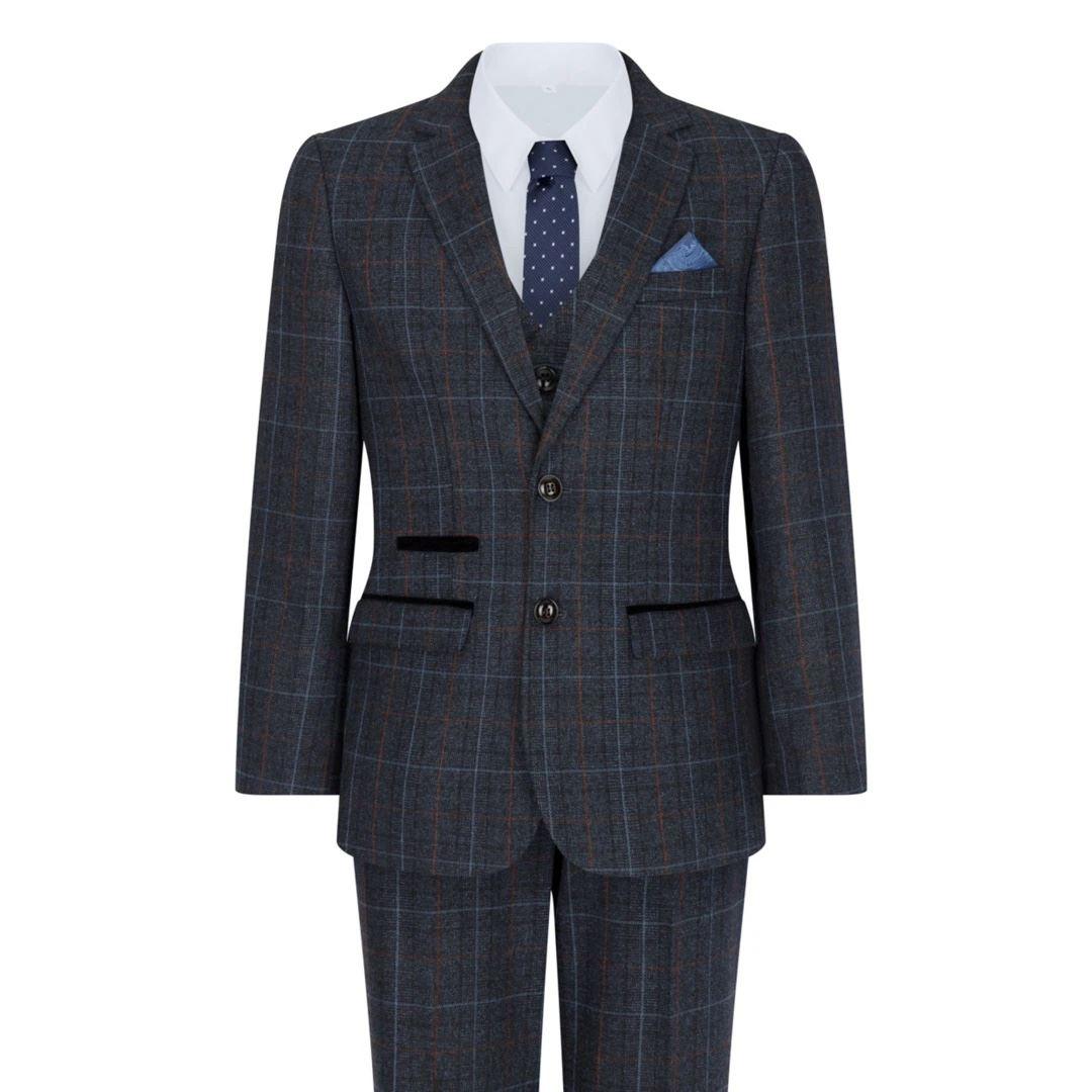 Boys Navy Blue 3 Piece Tweed Suit Herringbone Wine Vintage Retro - Knighthood Store