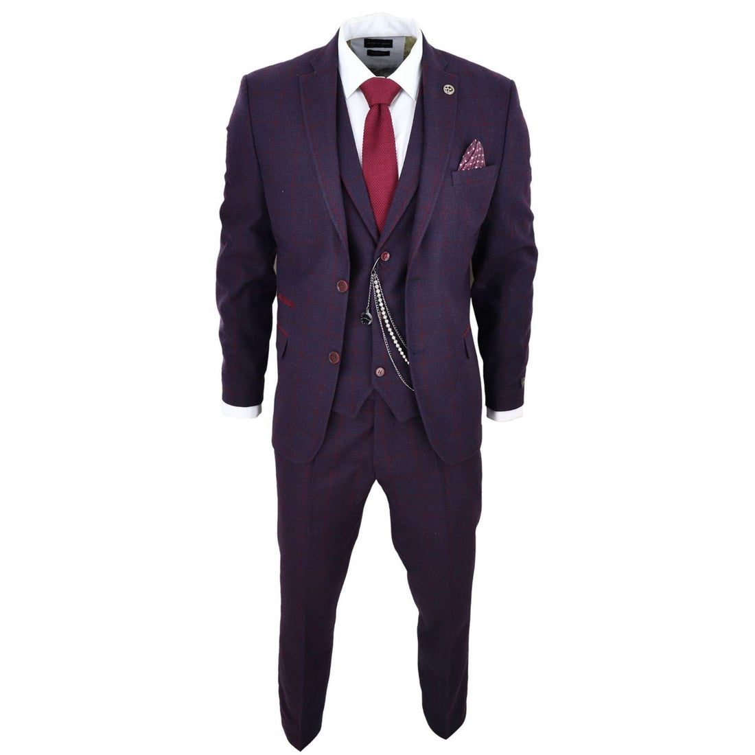 Men's 3 Piece Suit Wool Tweed Plum Wine Check 1920s Gatsby Formal Dress Suits - Knighthood Store