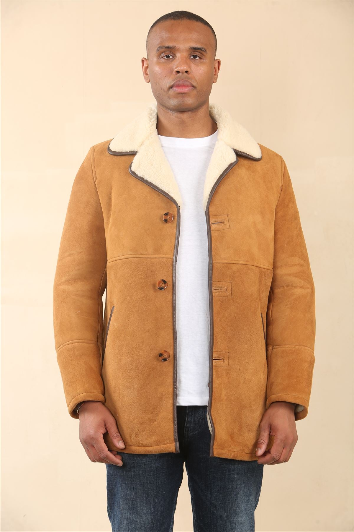 Men's Tan Shearling Sheepskin Car Coat