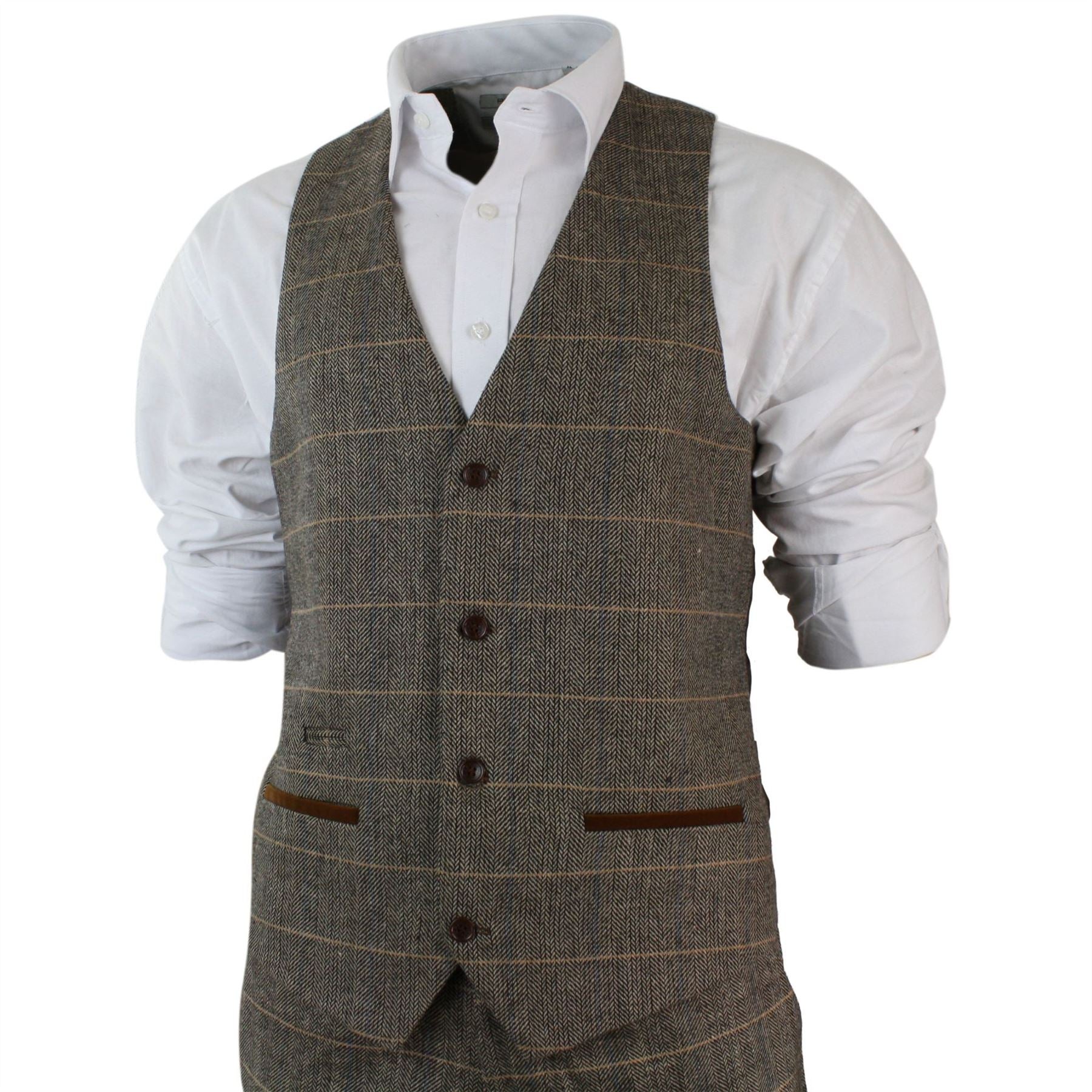 Mens Check Vintage Herringbone Tweed Tan Brown 3 Piece Suit Slim Fit Wedding