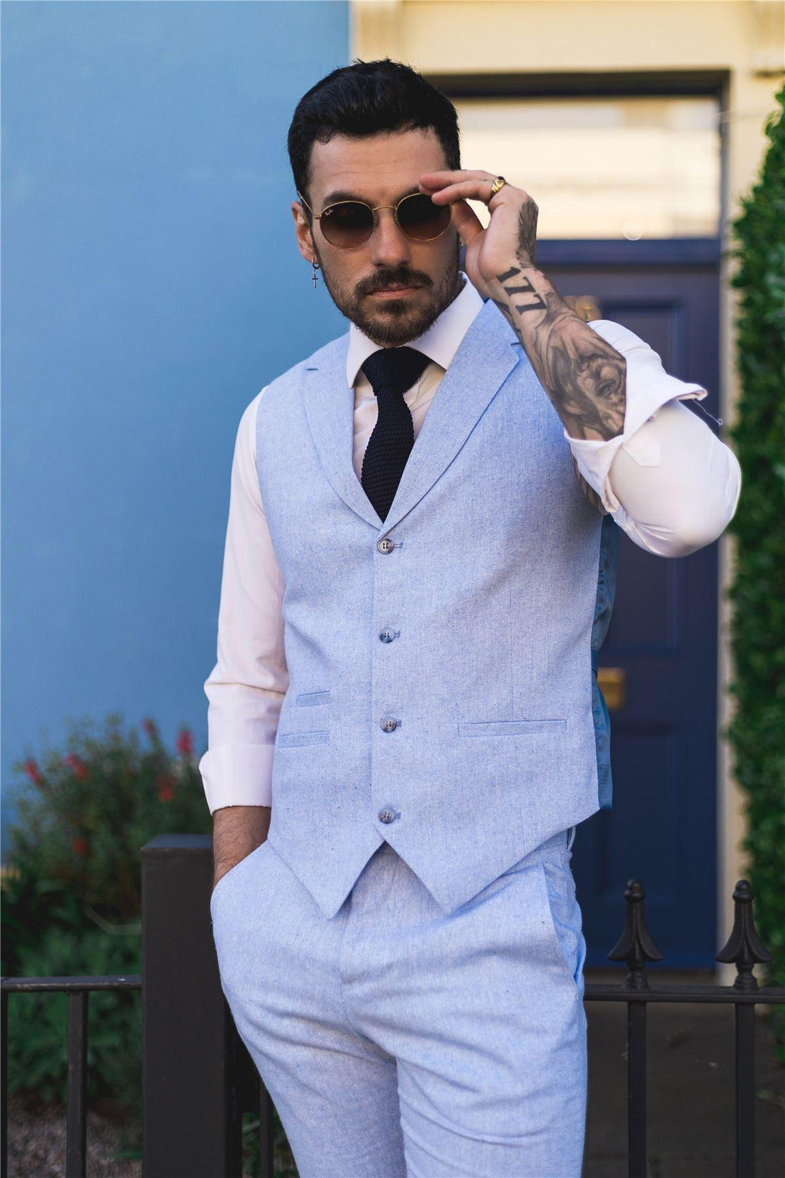 Mens Summer Suit Waistcoat Trousers Linen Smart Formal Baby Blue Wedding - Knighthood Store