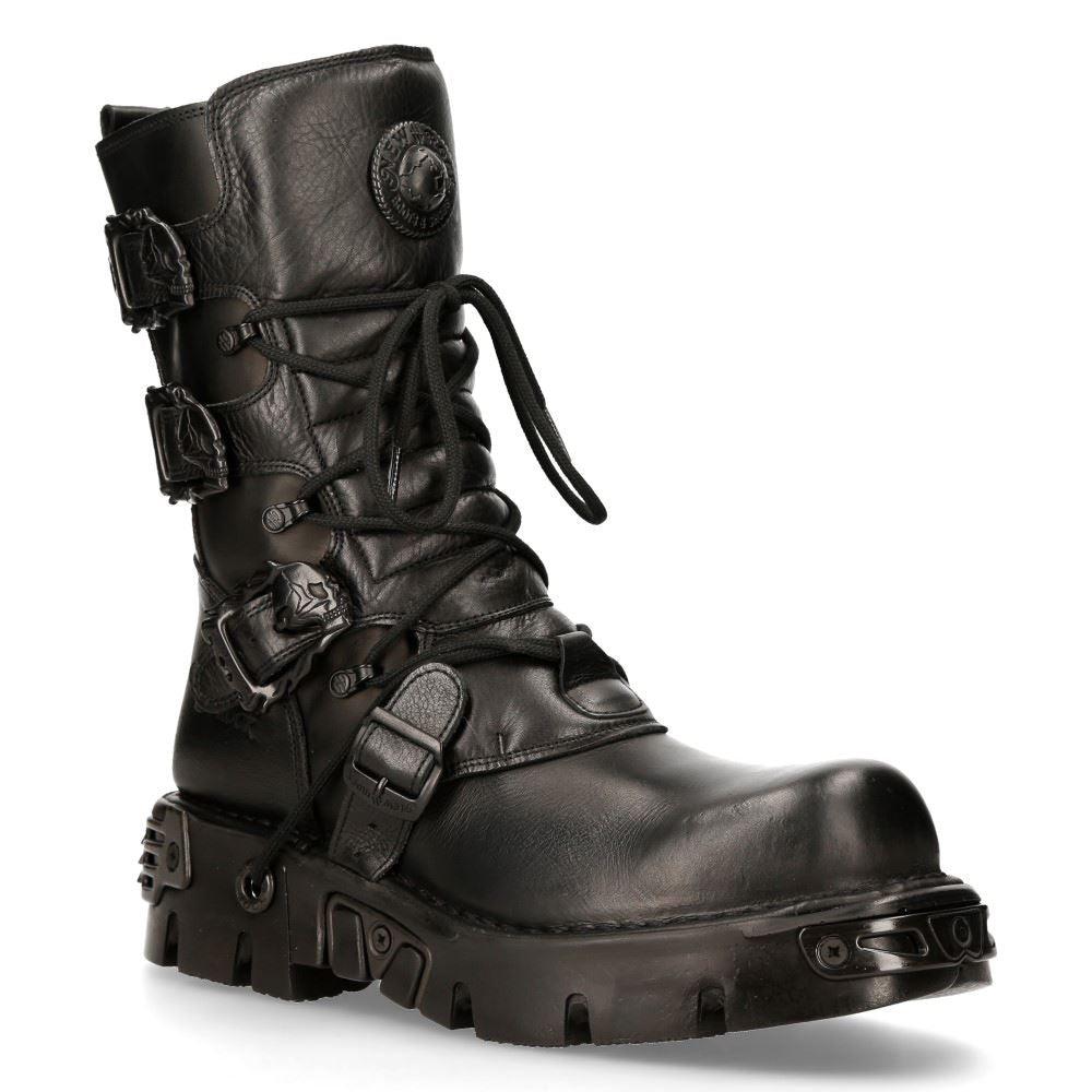 New Rock 391-S18 Black Leather Mid Calf Boots - Knighthood Store