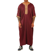Men's Marron Moroccan Thobe Short Sleeve Gandoura Gold Embroidery Kaftan