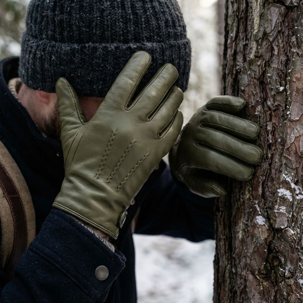 Men’s Leather Wool Lined Snap Button Closure Winter Gloves