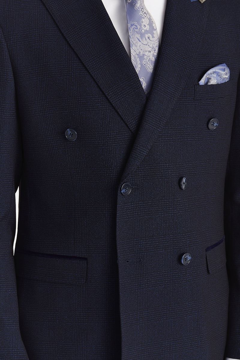 Regent - Men's Navy Checked Double Breasted Blazer