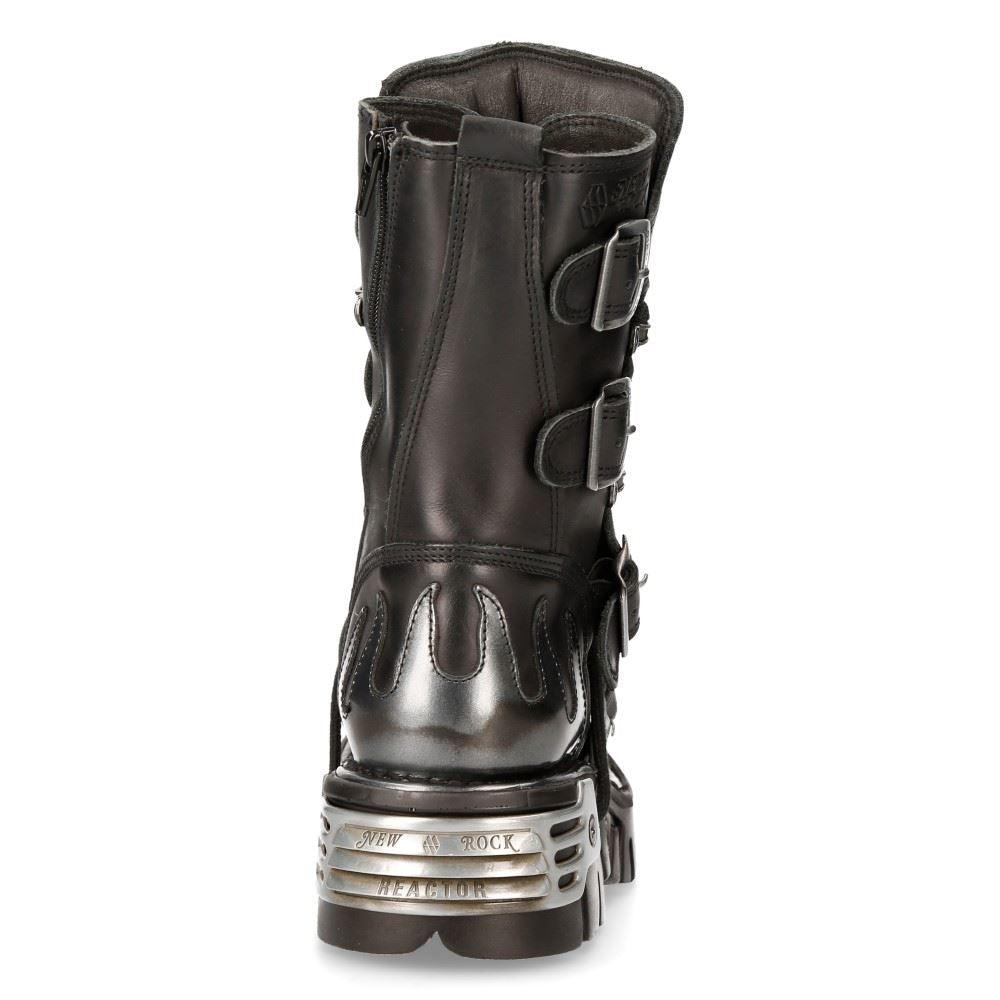 New Rock New Rock 591-S2 Silver Flame Metal Black Leather Emo Punk Goth Boots - Knighthood Store