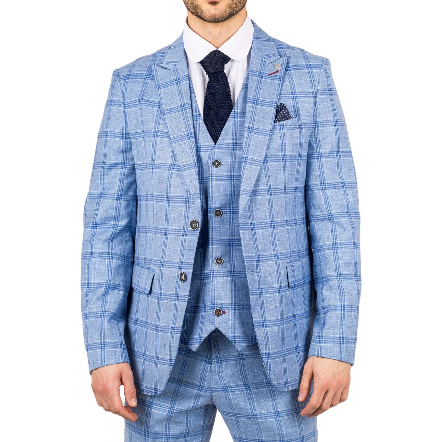 Men's Blazer Light Blue Checked Classic Sport Coat Plaid Tailored Fit - Knighthood Store