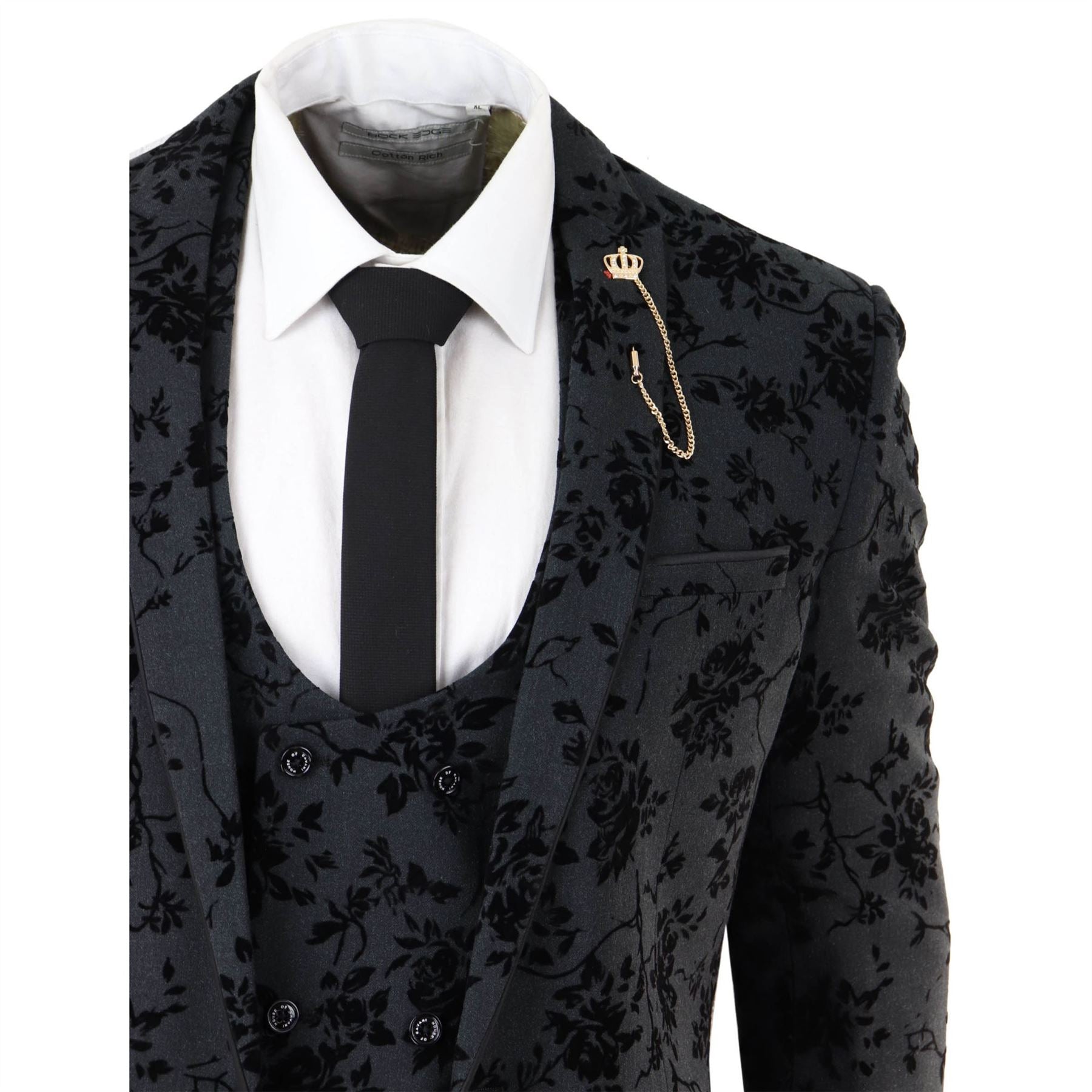 Mens Black 3 Piece Suit Paisley Velvet Wedding Grrom Best Man Tailored Fit