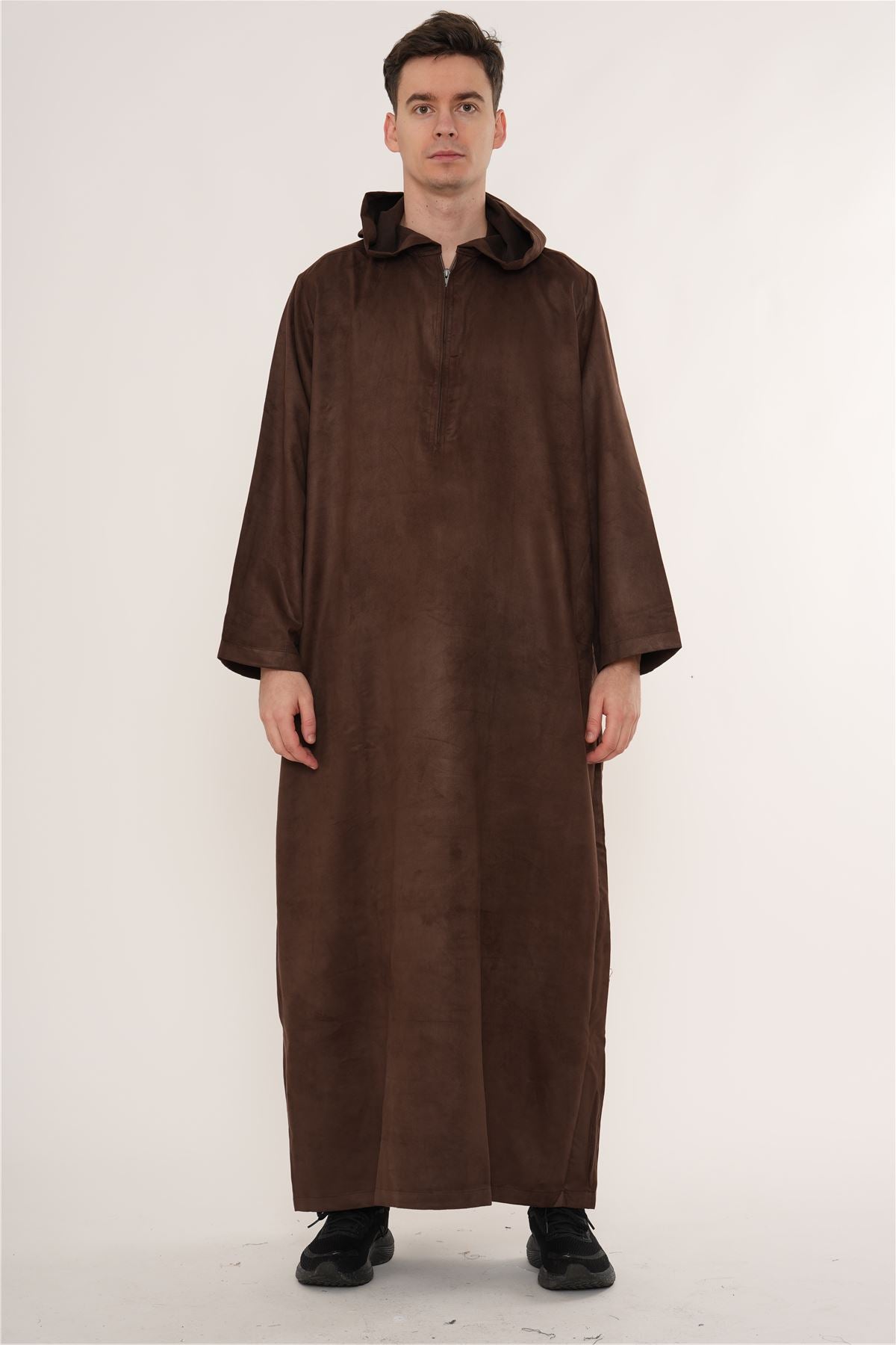 HM12 - Men's Hooded Suede Thobe Emirati Omani Zipped Thobe