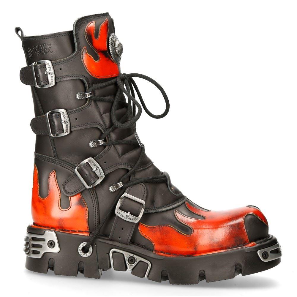 New Rock New Rock 591-s1 Red Flame Metallic Black Leather Boot Biker Goth Boots - Knighthood Store