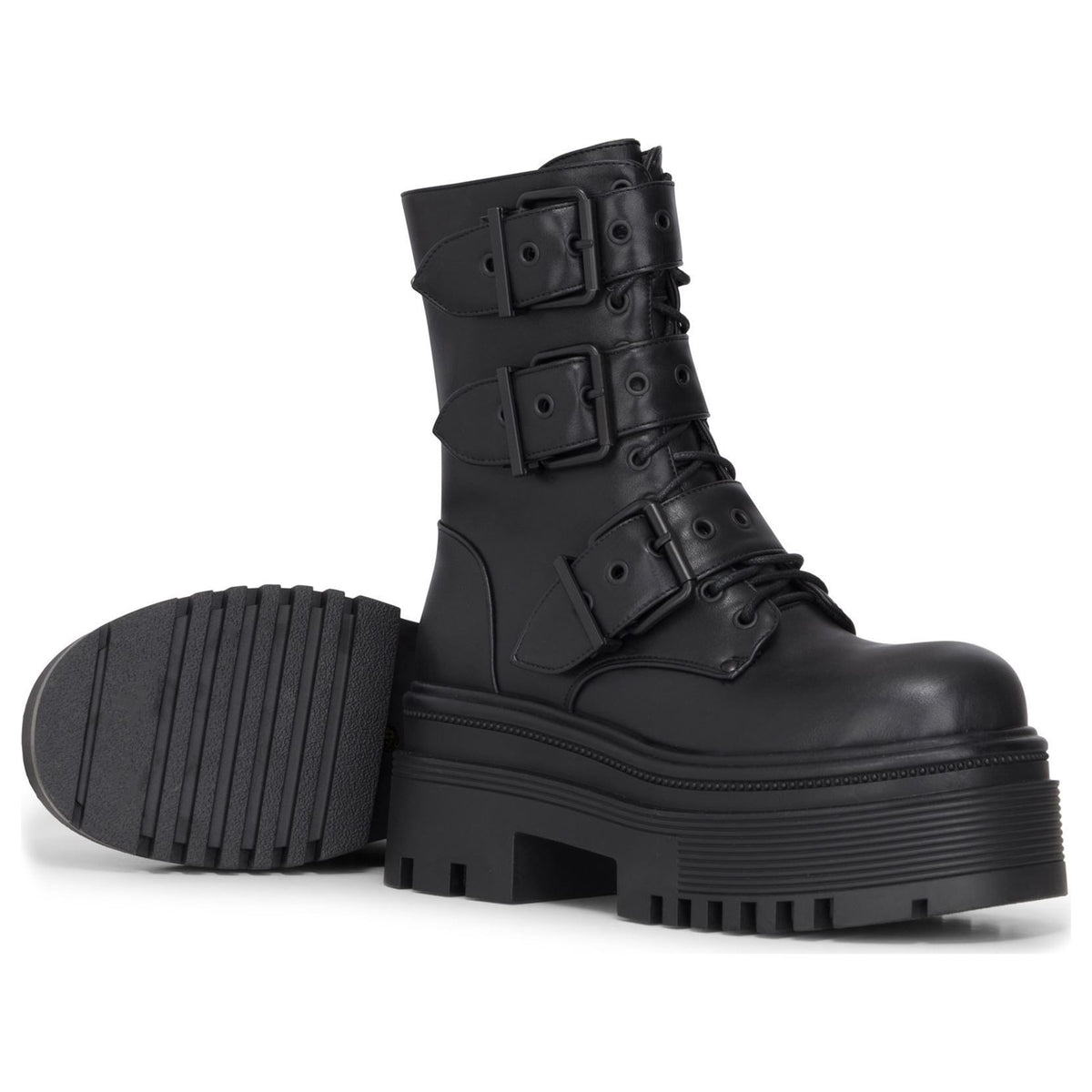 Women's Black Vegan Leather Mid-Calf Buckle Straps Platform Combat Boots
