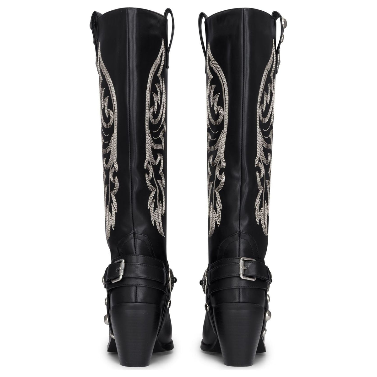 Women's Black Vegan Leather Knee-High Western Embroidered Cowboy Boots
