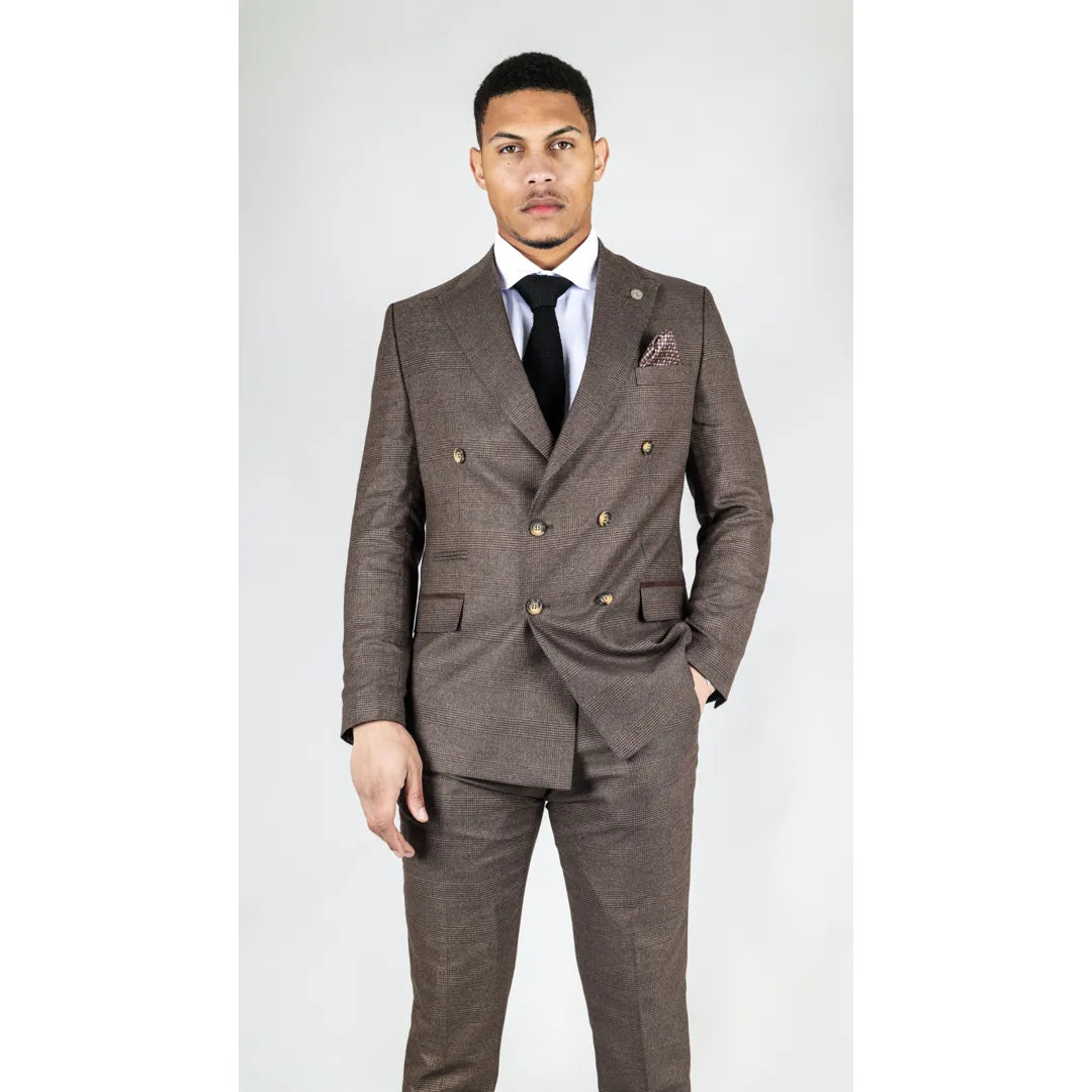 Men's Brown Suit 2 Piece Double Breasted Check Formal Dress