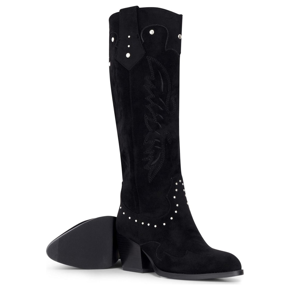 Women's Black Vegan Suede Knee-High Western Studded Cowboy Boots