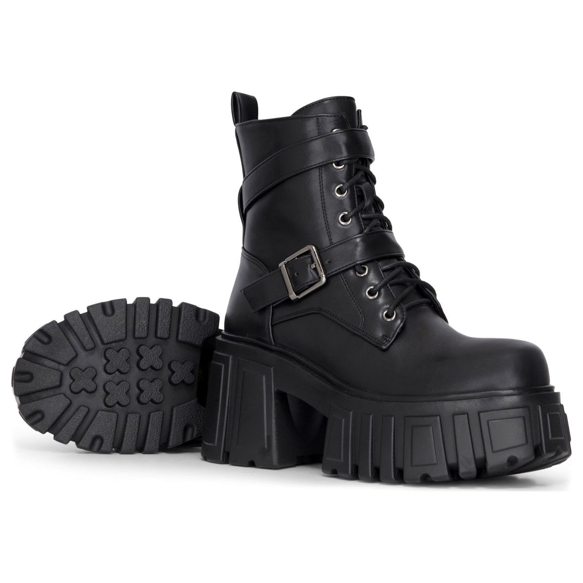 Women's Black Vegan Leather Mid-Calf Chunky Platform Combat Boots