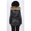 Womens Real Leather Parka Coat 3/4 Removable Hood Fur Button Cover Zipped - Knighthood Store