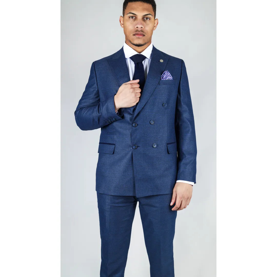 Men's Blue Suit 2 Piece Double Breasted Check Formal Dress