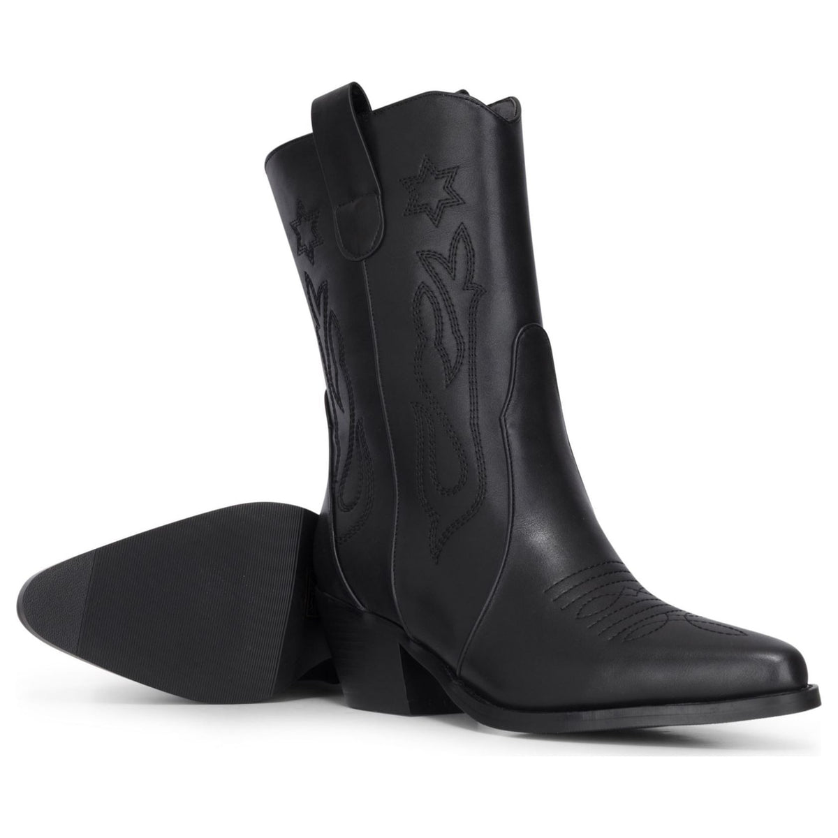 Women's Black Vegan Leather Embroidery Stitch Mid-Calf Western Cowboy Boots