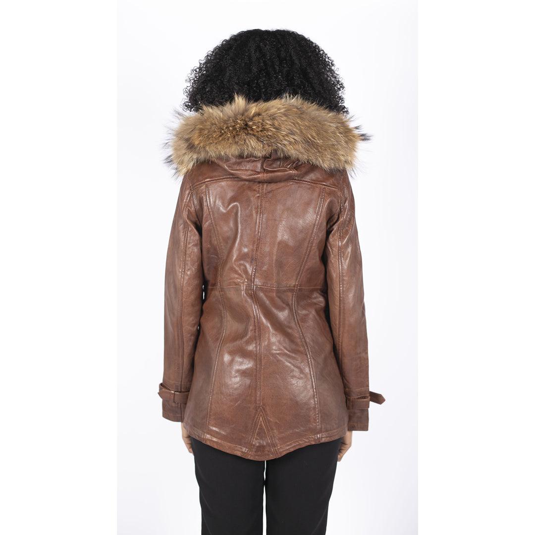 Womens Real Leather Parka Coat 3/4 Removable Hood Fur Button Cover Zipped - Knighthood Store