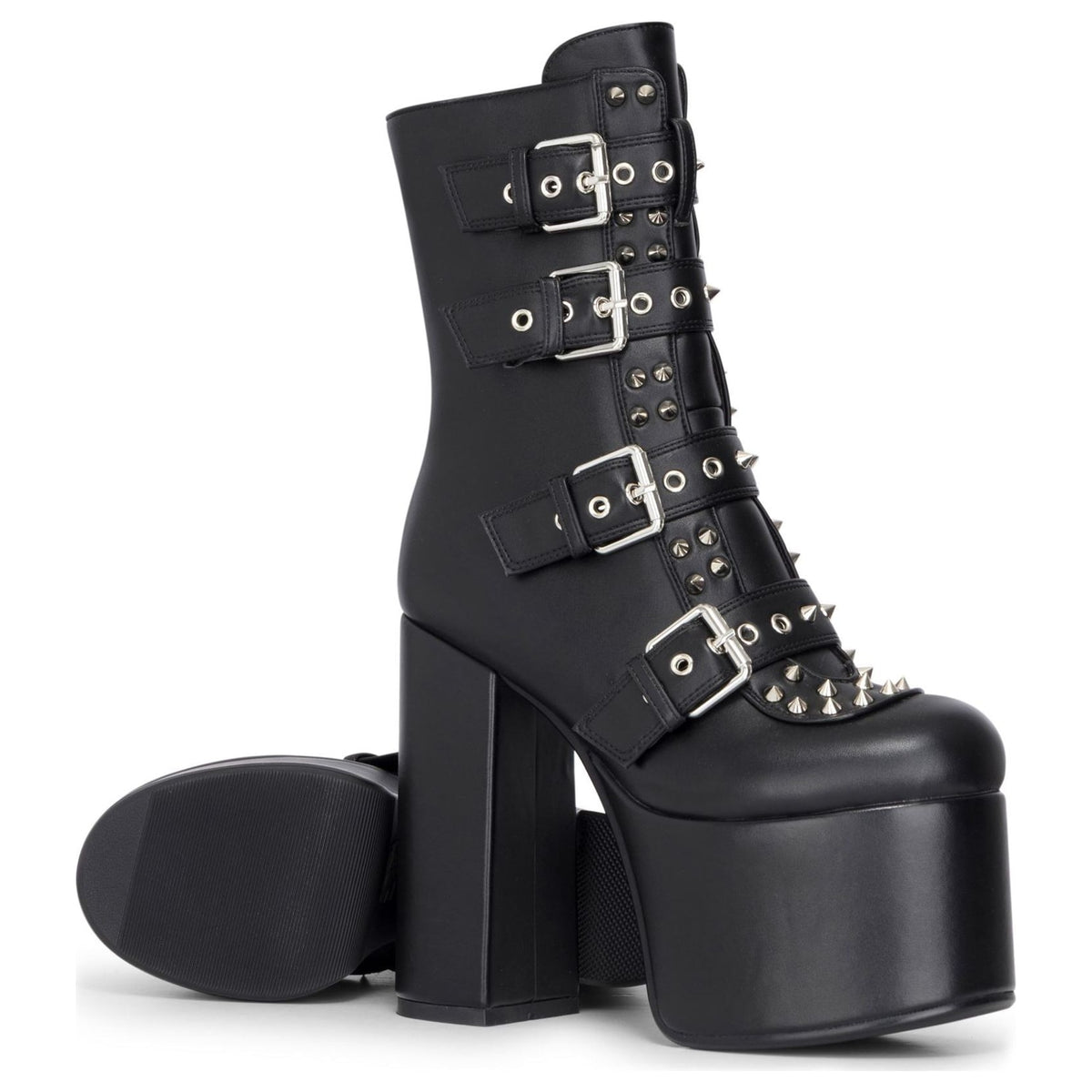 Women's Black Platform Mid-Calf Boots Vegan Leather Block Heel Booties