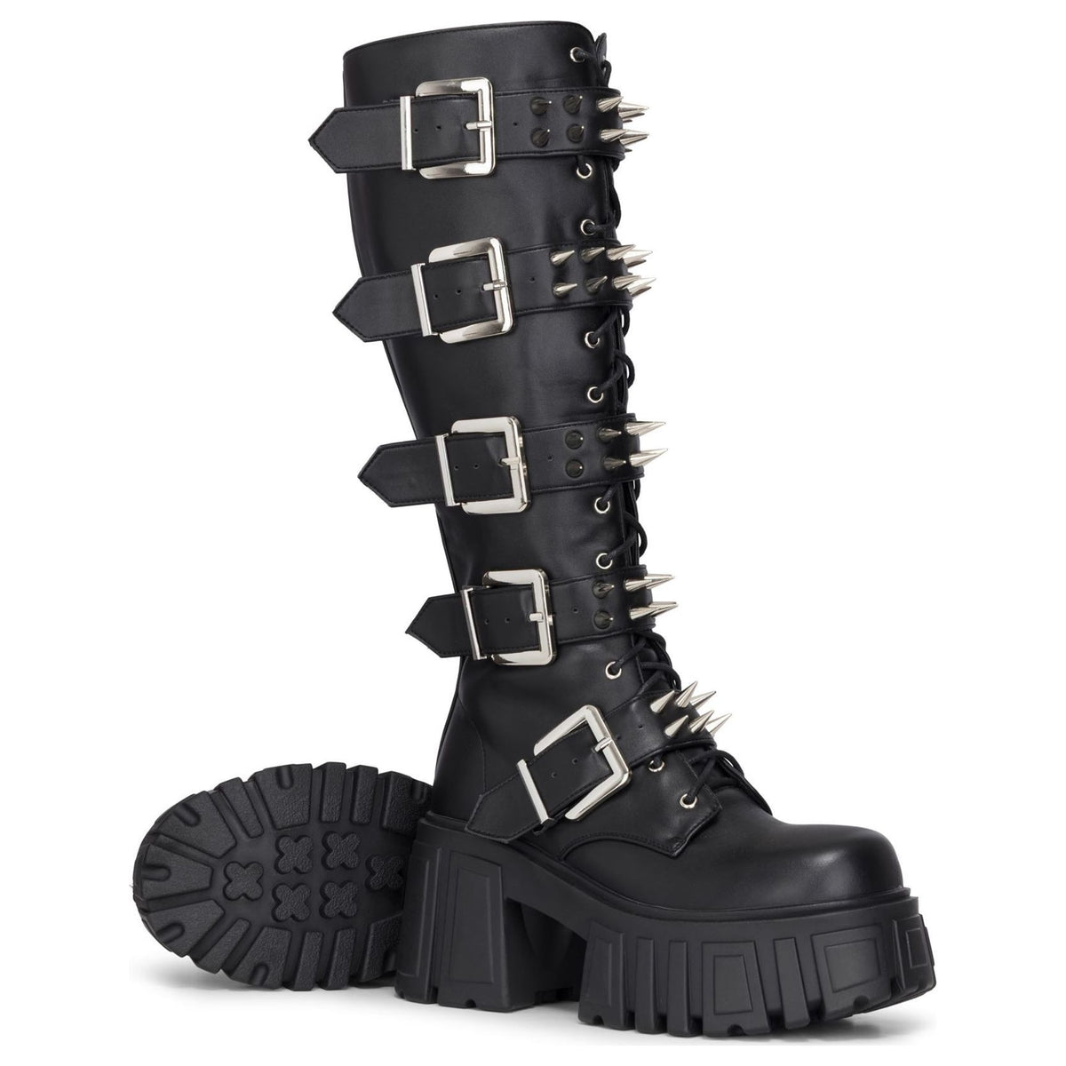 Women's Black Vegan Leather Knee-High Platform Combat Goth Punk Boots