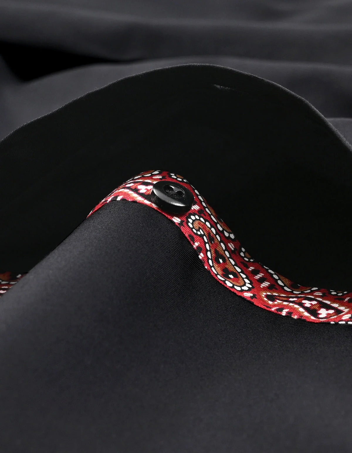 Men's Black Cotton Twill Formal Shirt with Red Paisley Trim