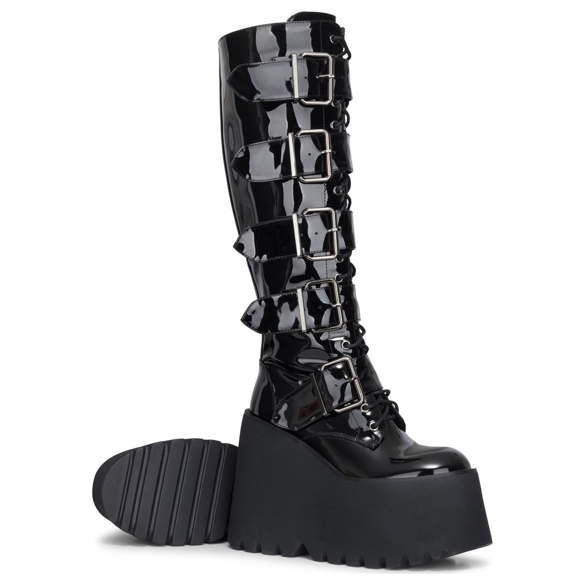 Women's Knee-High Platform Black Patent Vegan Leather Goth Wedge Boots