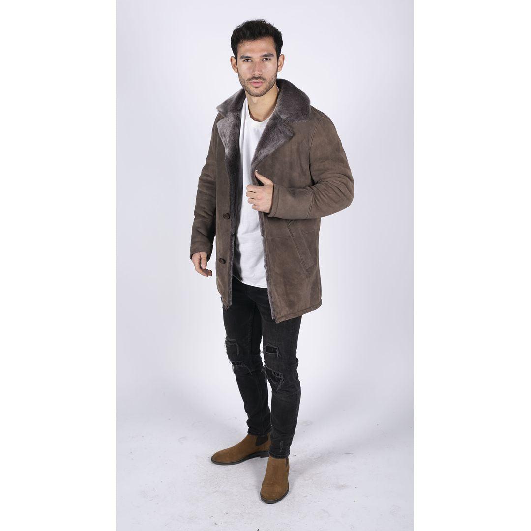 Mens Real Sheepskin Coat Beige Vintage Classic 3/4 Jacket Button Down V Neck - Knighthood Store