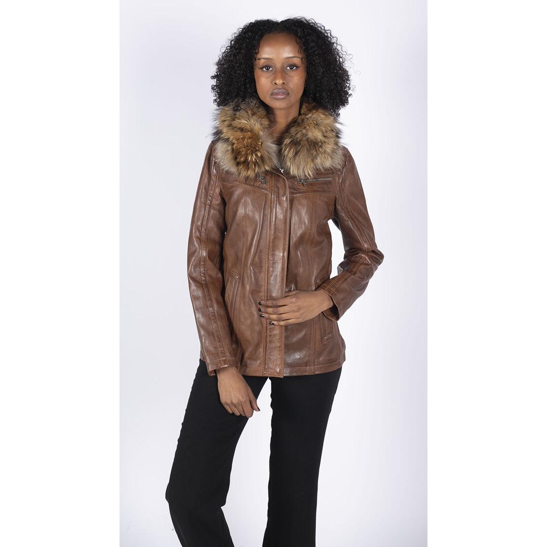 Womens Real Leather Short Parka Jacket Coat Fur Hood Zipped Brown Tan Black - Knighthood Store