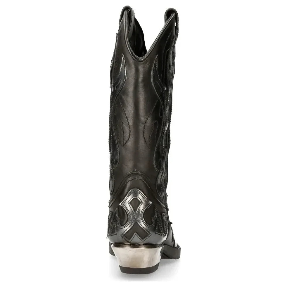 Men's New Rock M-7921-S3 Silver Flame Boots Black Leather Western