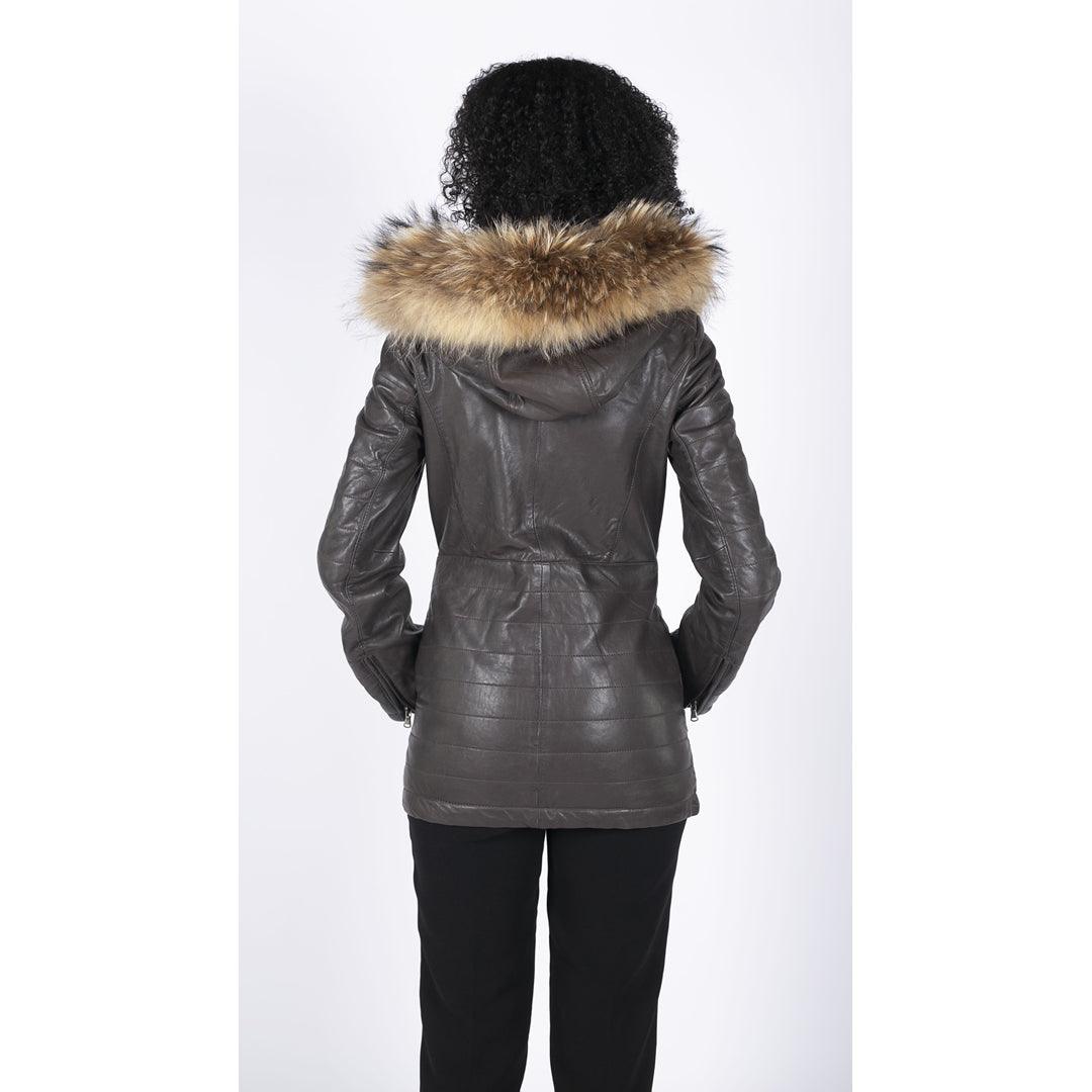 Womens Real Leather Parka Jacket 3/4 Fur Hood Zipped Brown Tan Grey Tailored Fit - Knighthood Store