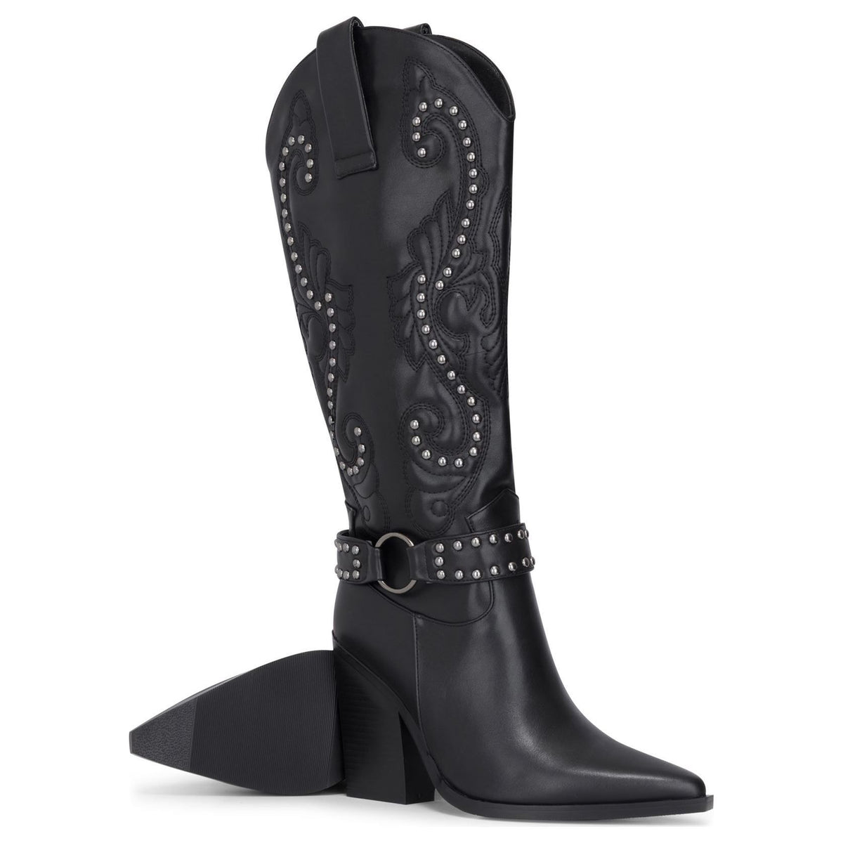 Women's Black Vegan Leather Silver Studs Knee-High Western Cowboy Boots